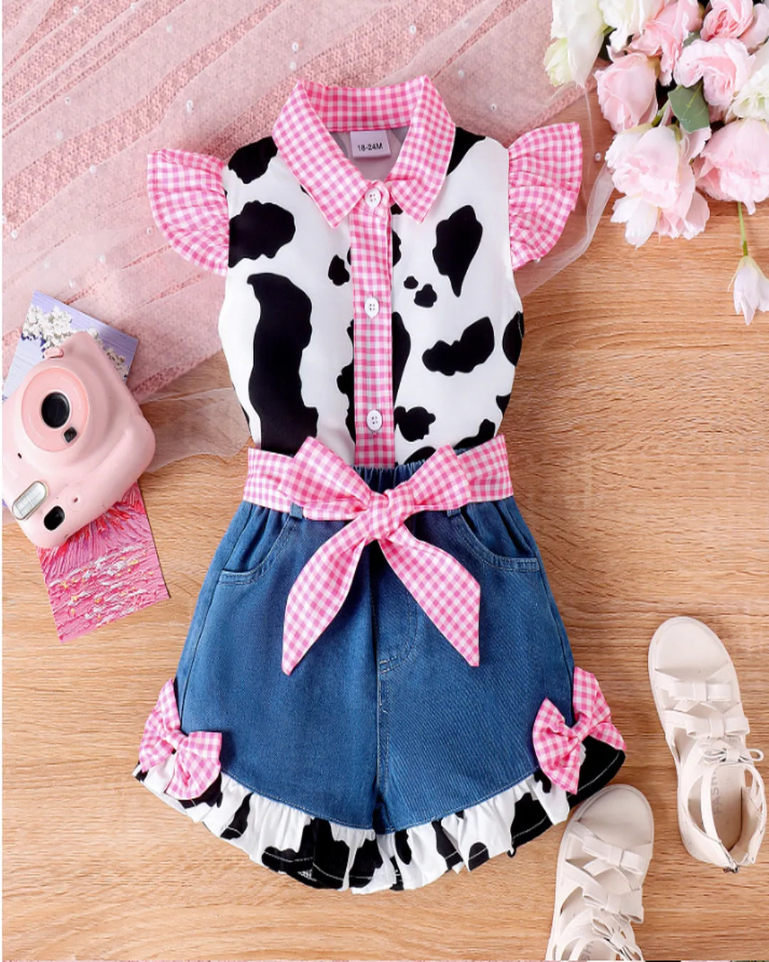 Desenli Gömlek & Kurdeleli Kot Şort Takımı – 1-7 Yaş Kız