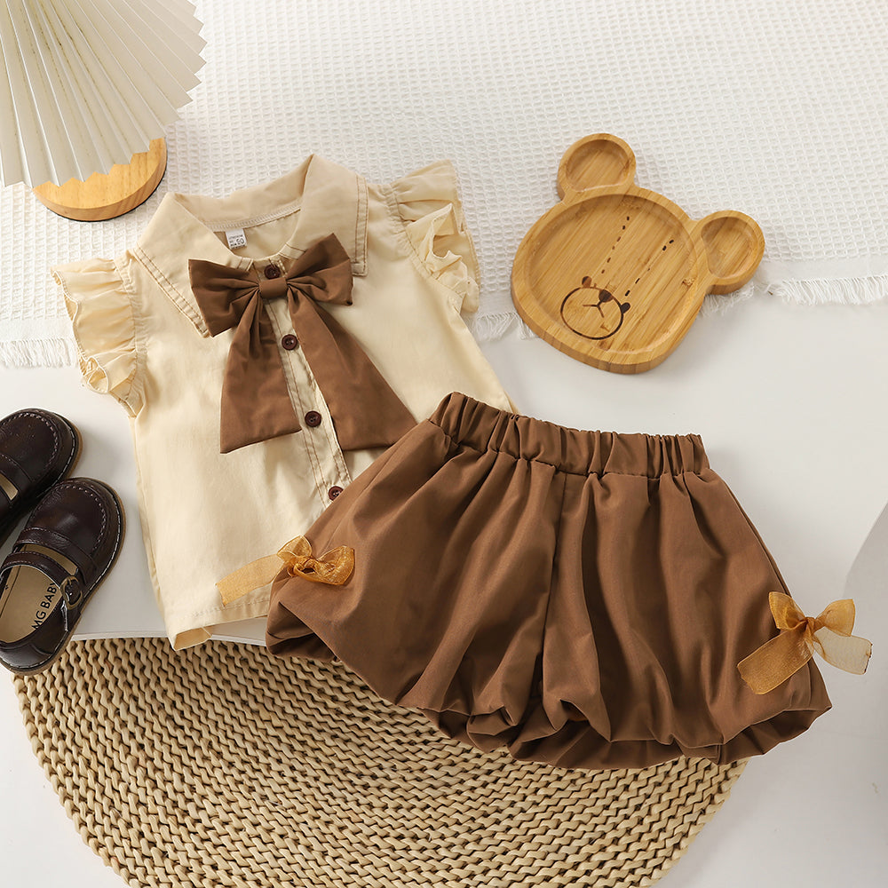 Kız Çocuk Fırfırlı Bluz Kahve Şort Takım 1-2 Yaş Outlet