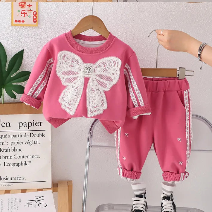 Dantelli Fiyonk Detaylı 2’li Kız Çocuk Takımı – 3 Renk Seçenekli