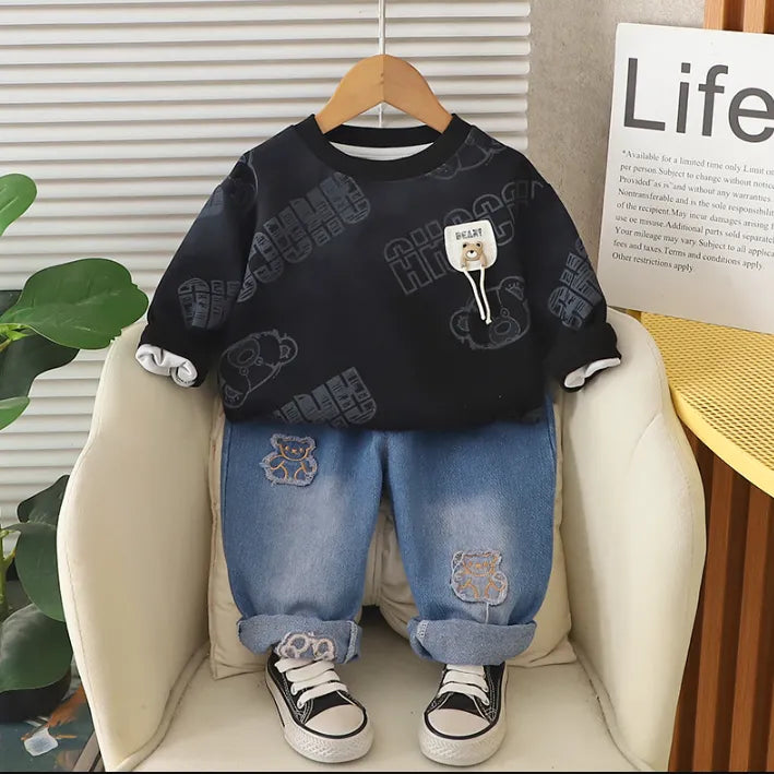 1-5 Yaş Peluş Detaylı Sweat & Jean Çocuk Takımı (3 Renk Seçenekli)