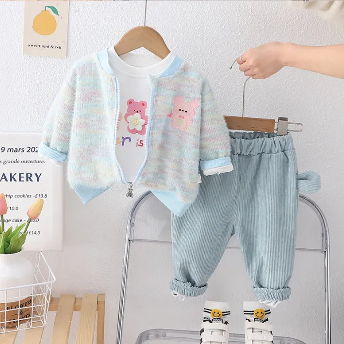 1-5 Yaş Renkli Triko Hırkalı 3 Parça Çocuk Takımı (Pembe & Mavi)