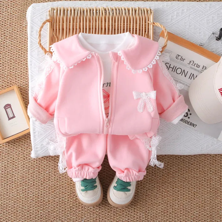 1-5 Yaş Dantel Detaylı 3 Parça Çocuk Takımı (Pembe & Lila)