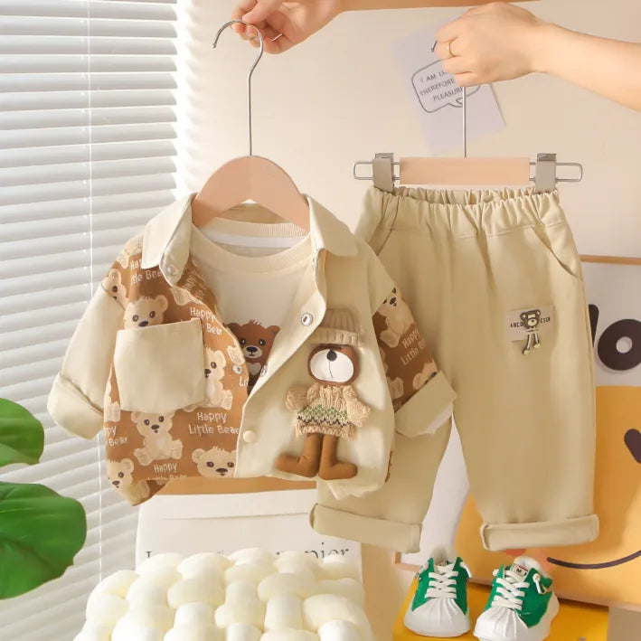 1-5 Yaş 3 Parça Ayıcık Desenli Gömlek ve Pantolon Takımı