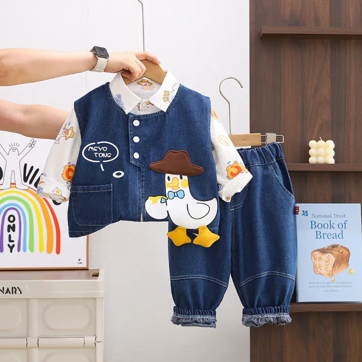 1-5 Yaş Unisex Kovboy Ördek Desenli 3’lü Kot Takım