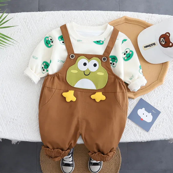 Kurbağa Desenli Unisex Çocuk Salopet Takımı 1-5 Yaş