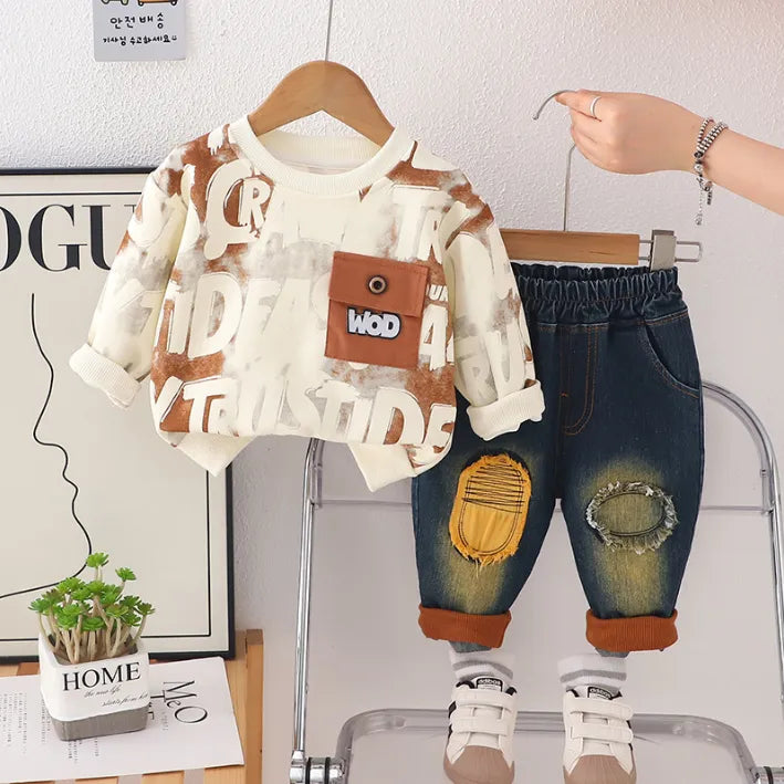 1-5 Yaş Erkek Çocuk Takım Sweat & Yırtık Jean Pantolon Takım