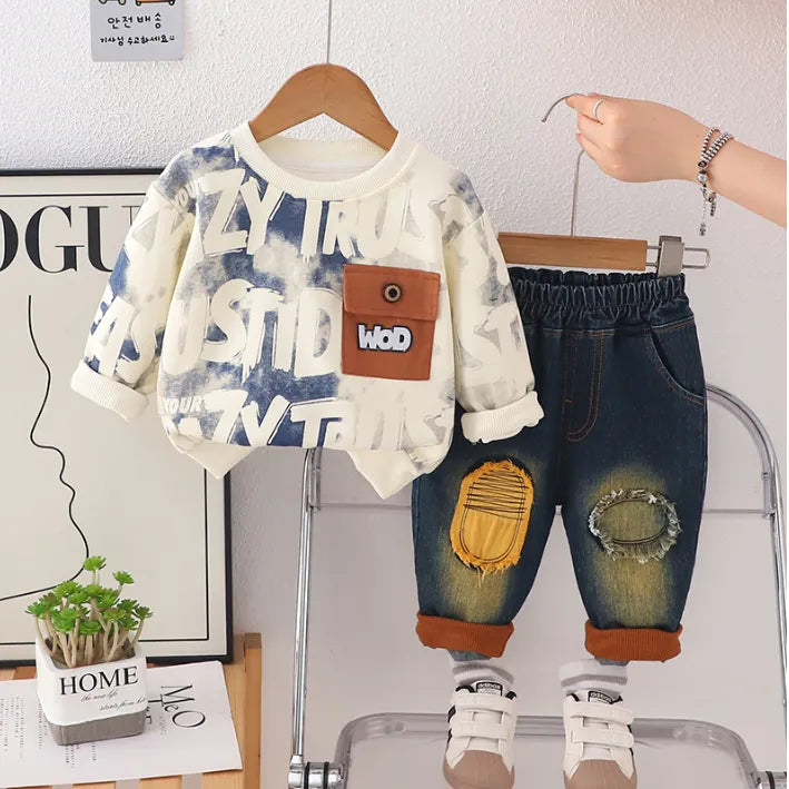 1-5 Yaş Erkek Çocuk Takım Sweat & Yırtık Jean Pantolon Takım