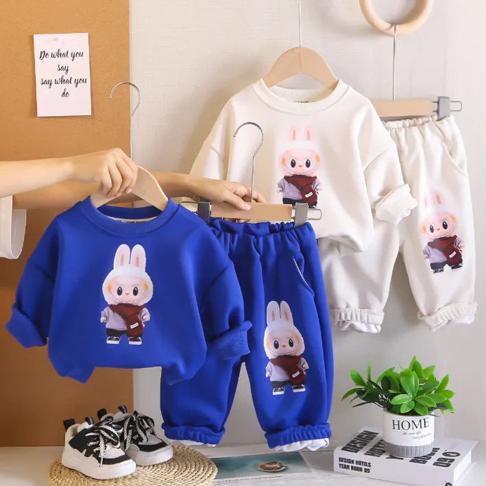 Unisex 1-5 Yaş Tavşan Baskılı 2 Parça Eşofman Takımı(Mavi-Beyaz)