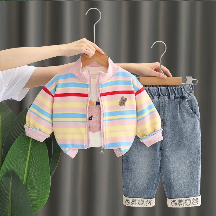 3 Parça 1-5 Yaş Unisex Renkli Çizgili Çocuk Takımı