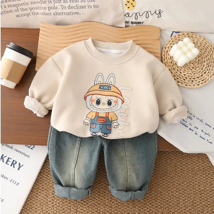 2 Parça 1-5 Yaş Unisex Sevimli Karakter Baskılı Sweat ve Kot Pantolon Takımı