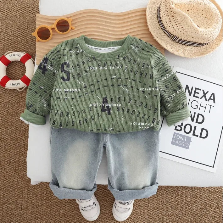 2 Parça 1-5 Yaş Erkek Rakam Baskılı Sweat ve Kot Pantolon Takımı (3 Renk)