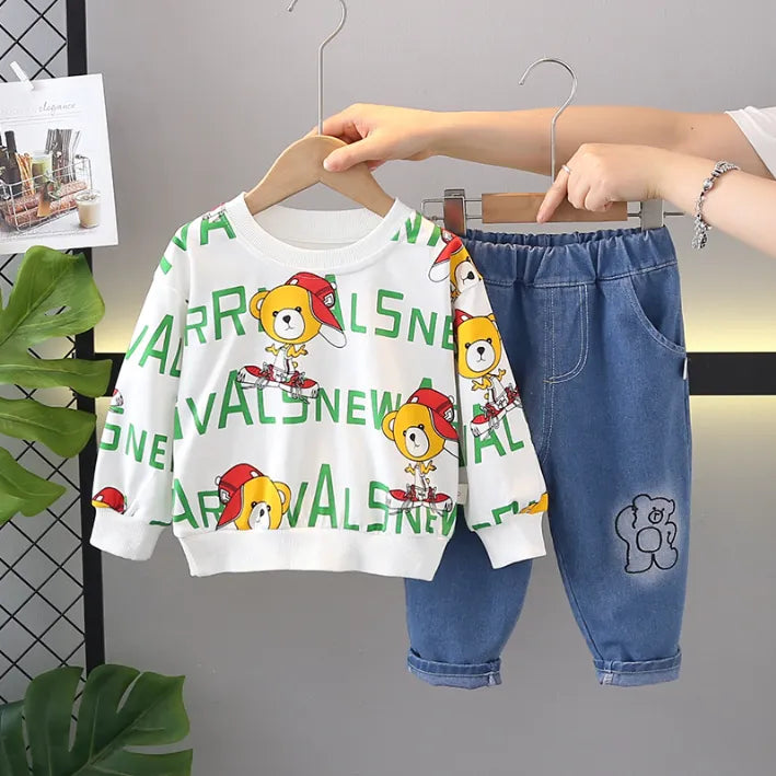 2 Parça 1-5 Yaş Unisex Ayıcık Baskılı Sweat ve Kot Pantolon Takımı