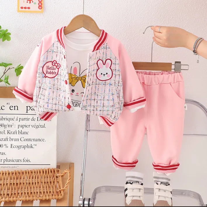 3 Parça 1-5 Yaş Kız Hello Rabbit Desenli Hırkalı Çocuk Takımı (3 Renk)
