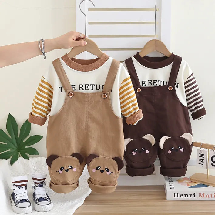 2 Parça 1-5 Yaş Unisex Ayıcık Dizli Salopet ve Çizgili Sweat Takımı