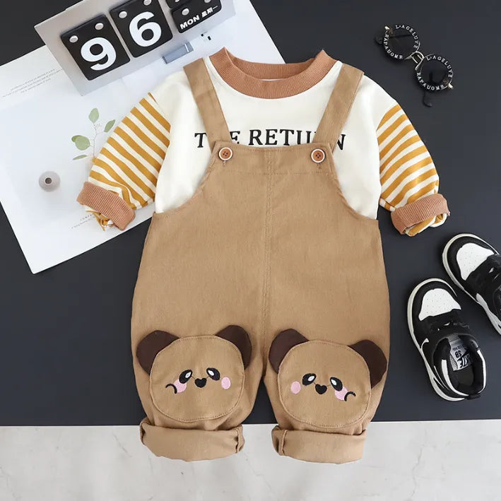 2 Parça 1-5 Yaş Unisex Ayıcık Dizli Salopet ve Çizgili Sweat Takımı