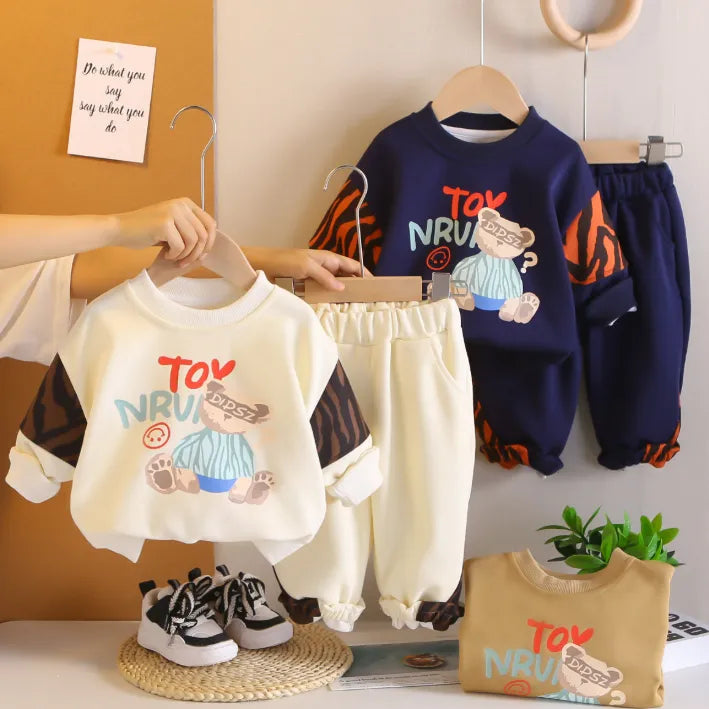 2’li 1-5 Yaş Unisex Ayıcık Baskılı Sweat ve Pantolon Takımı (3 Renk)