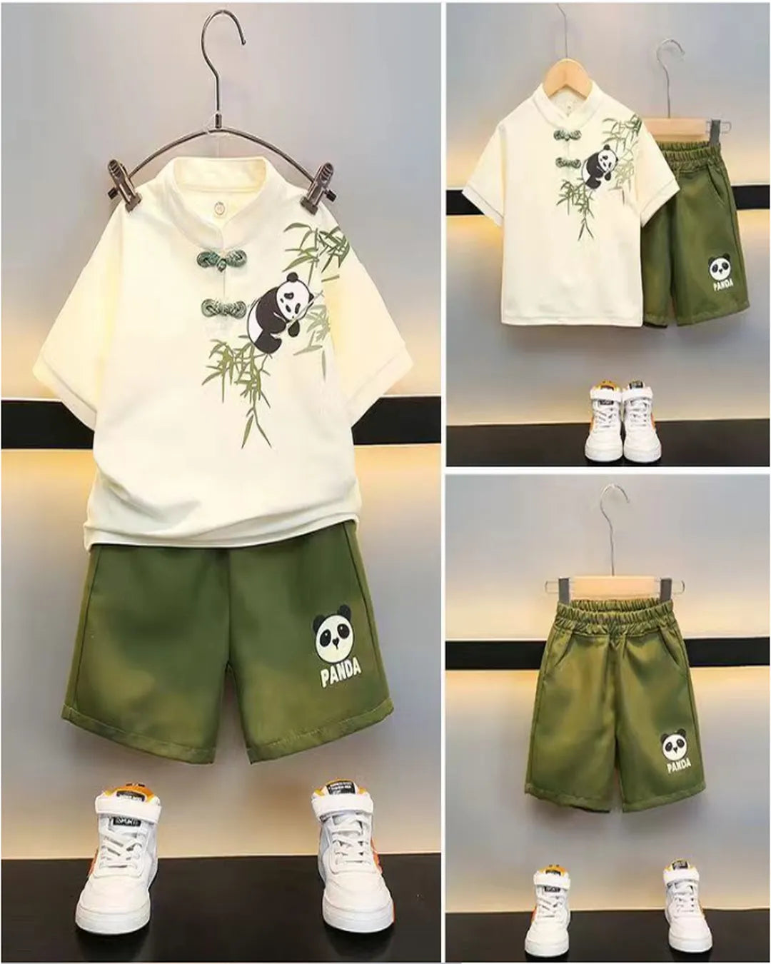 Panda Desenli Tişört ve Haki Şort 2’li Yazlık Takım (Unisex)