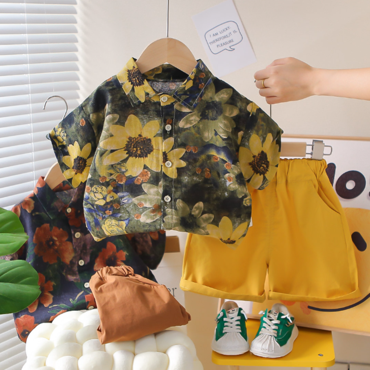 Cocumix Erkek Çocuk Yazlık Çiçek Desenli Gömlek ve Şort Takımı - Sarı