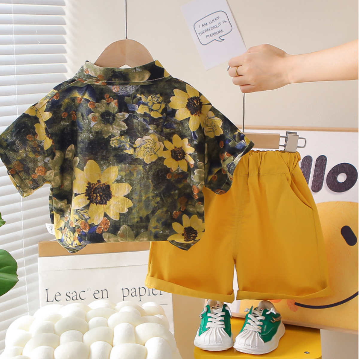 Cocumix Erkek Çocuk Yazlık Çiçek Desenli Gömlek ve Şort Takımı - Sarı