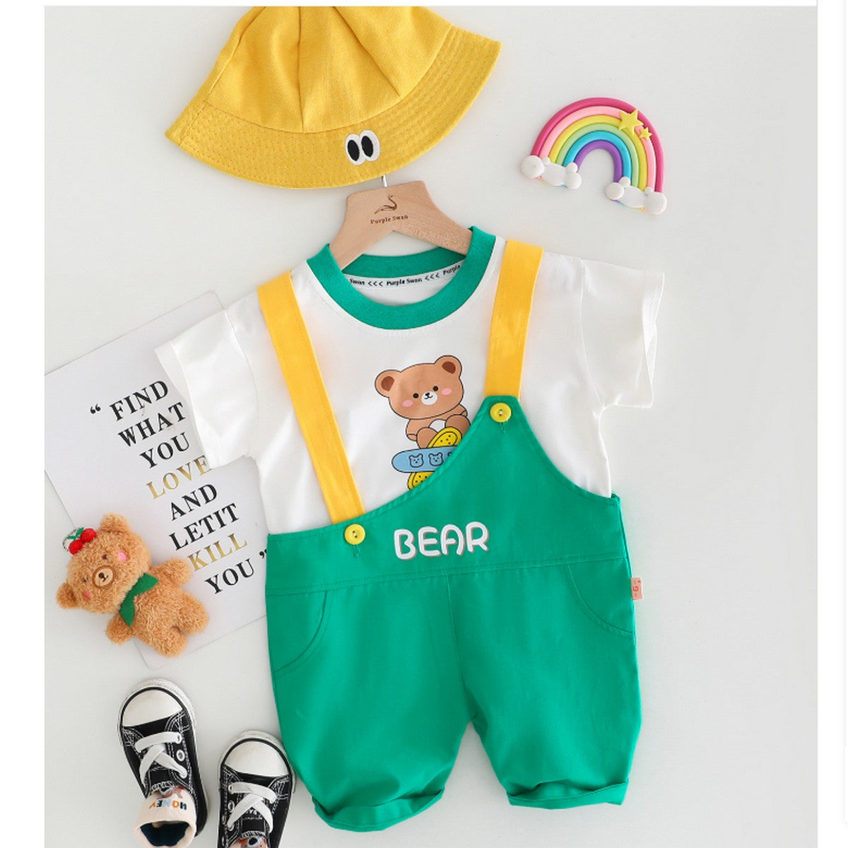 1-5 Yaş Ayıcık Baskılı Tişört ve Yeşil Askılı Şortlu Takım