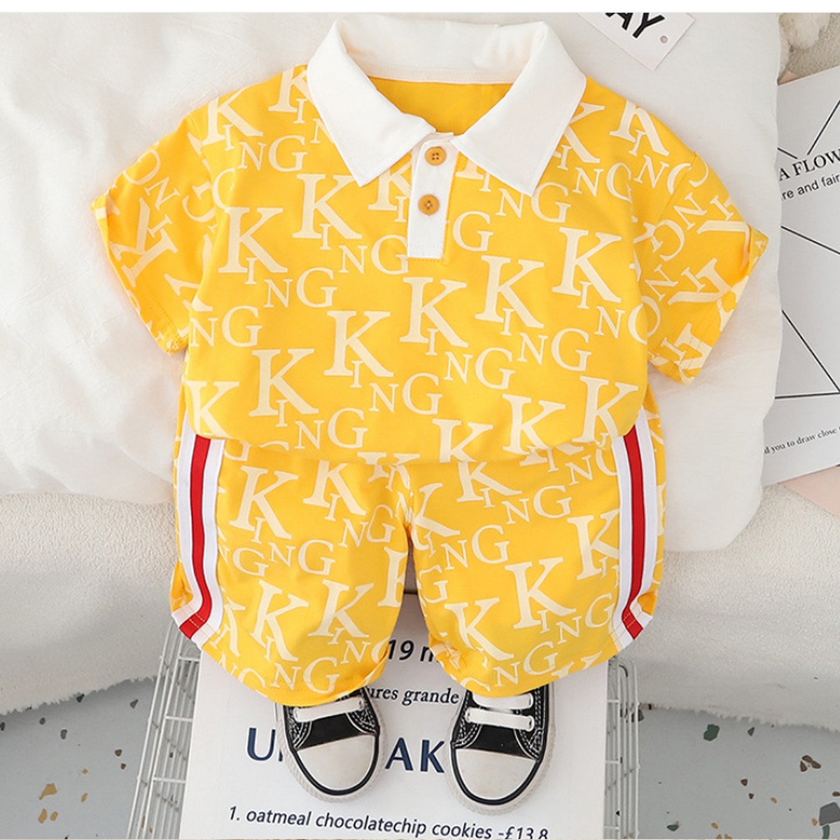 KING Yazı Desenli Sarı Polo Yaka Erkek Çocuk Takımı 1-5 Yaş