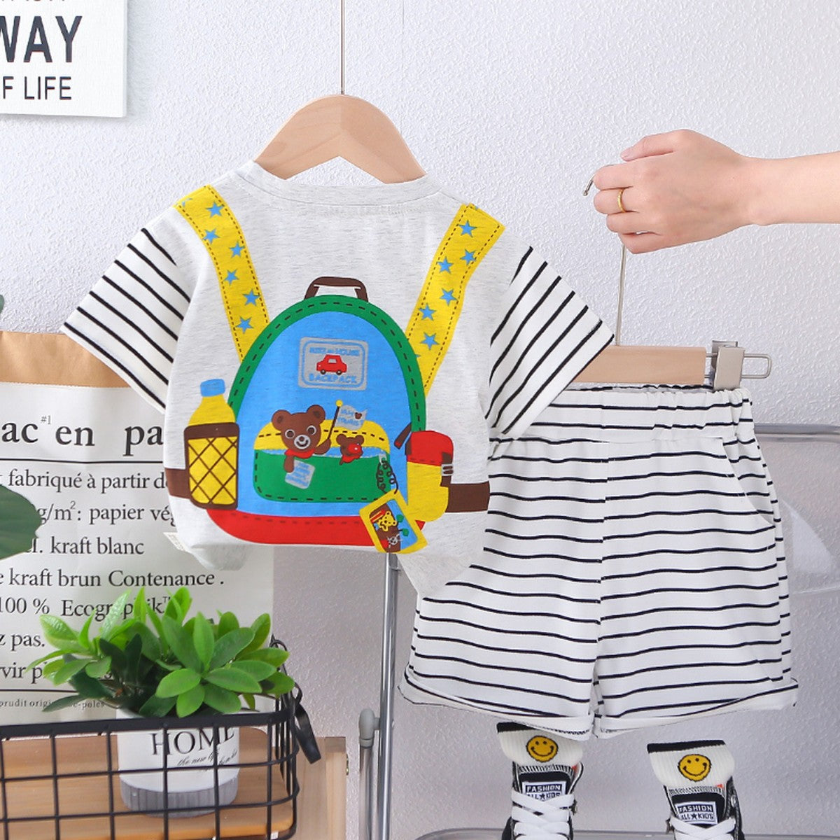 1-5 Yaş Askı Desenli Ayıcık Baskılı Çizgili Erkek Çocuk Takımı