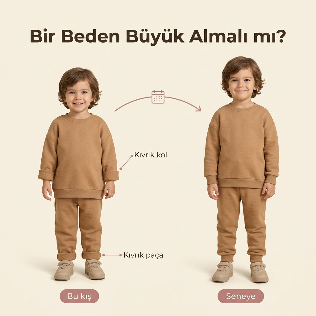 Bir beden büyük alınan çocuk takımının bu kış ve seneye karşılaştırması