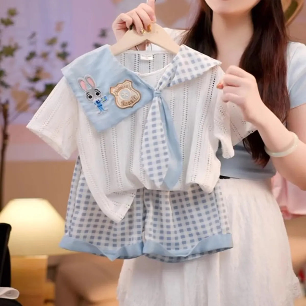 Tavşan Detaylı Sevimli Kareli Çocuk Takımı (1-6 Yaş)