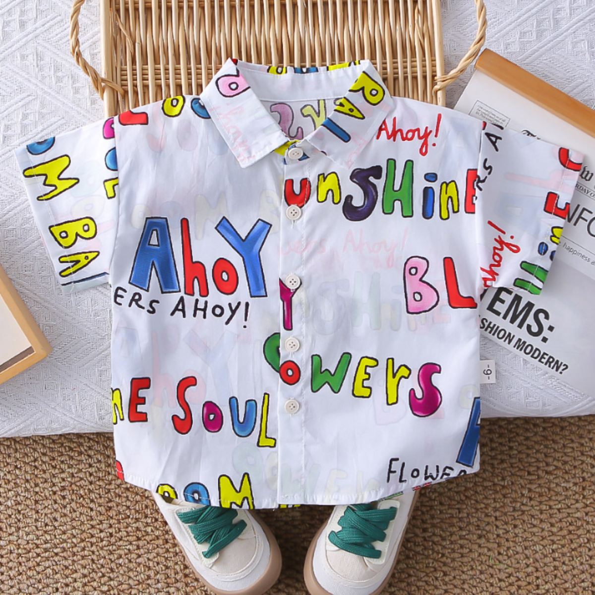 1-5 Yaş Renkli Baskılı Erkek Çocuk Gömlek Şort Takımı