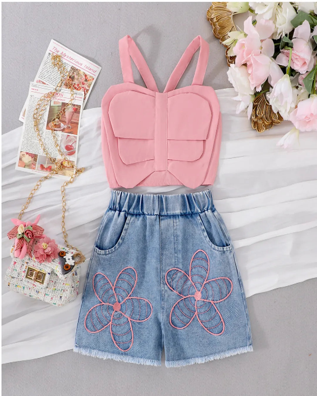 Pembe Fiyonklu Üst & Çiçek Nakışlı Kot Şort Takımı – 1-7 Yaş Kız