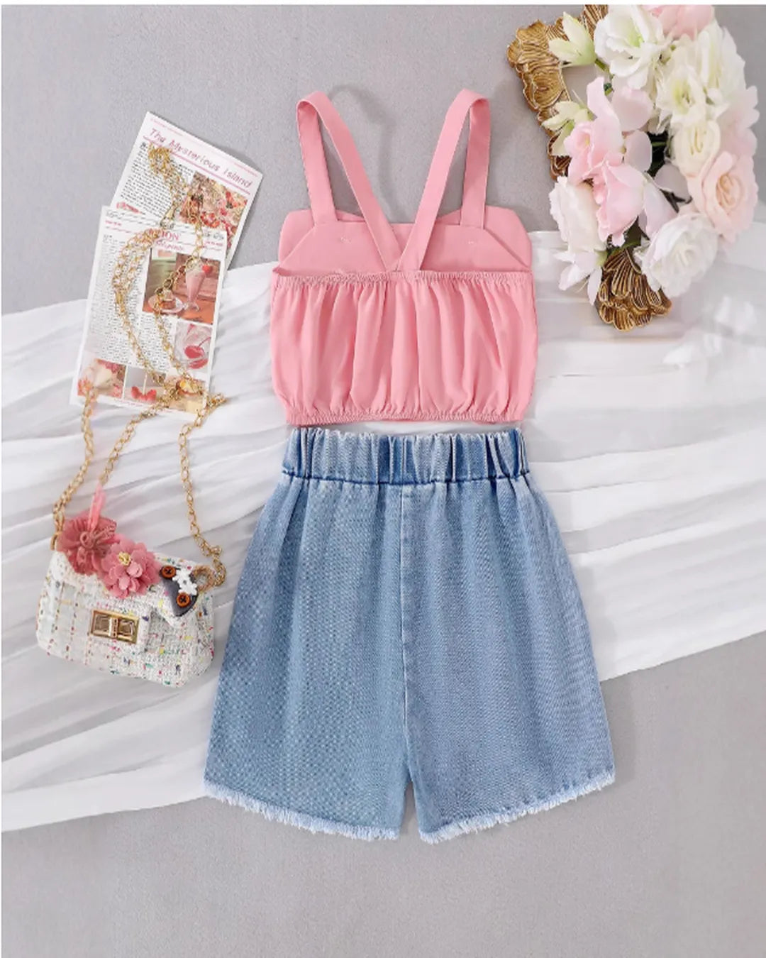 Pembe Fiyonklu Üst & Çiçek Nakışlı Kot Şort Takımı – 1-7 Yaş Kız