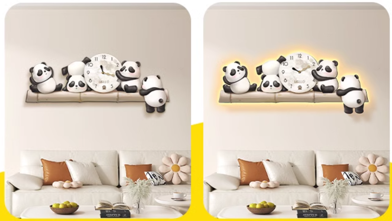Dörtlü Panda Duvar Saati Seti- Sallanır Ayaklı Panda Duvar Saati