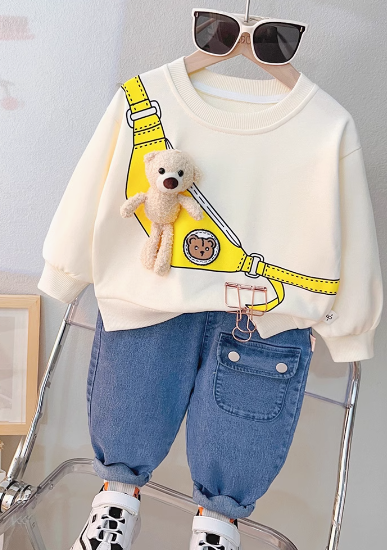 Bej Renk 3D Baskılı Kot Pantolonlu Çocuk Takım 1-5 Yaş