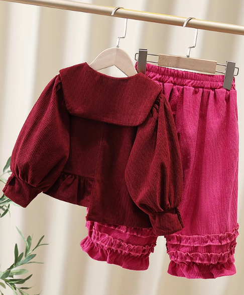 Bordo Renk Kadife Kız Çocuk Takım 2-7 Yaş