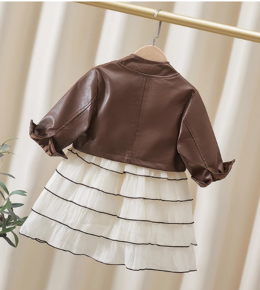 Kahverengi Deri Ceketli Kız Çocuk Takım 2-7 Yaş