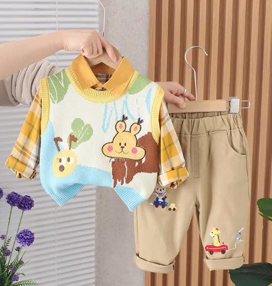 Gömlek Suveter Pantolon 3 Parçalı Sevimli Unisex Çocuk Set 1-5 Yaş