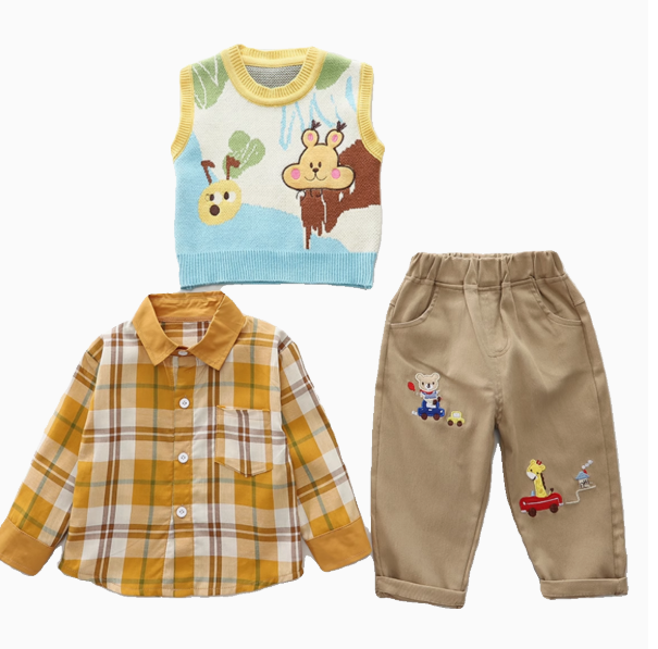 Gömlek Suveter Pantolon 3 Parçalı Sevimli Unisex Çocuk Set 1-5 Yaş