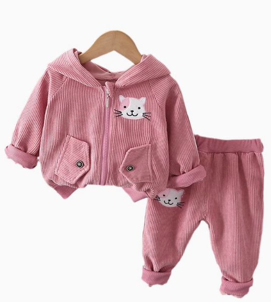 Gül Rengi Desenli Kapşonlu Kız Çocuk Takım 1-5 Yaş