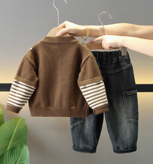 Kahverengi Ceketli Üc Parça Erkek Çocuk Takım 1-6 Yaş