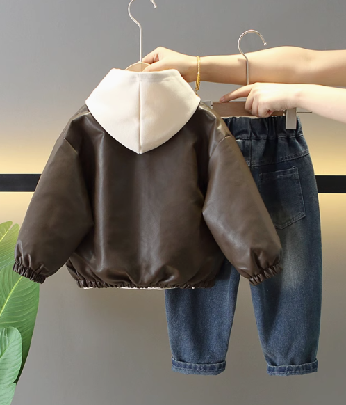 Kahverengi Deri Ceketli 2-7 Yaş Erkek Çocuk Takım Üç Parça