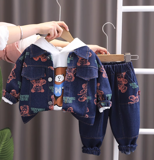 Kapşonlu 3 Parçalı Kot Çocuk Takım 1-5 Yaş