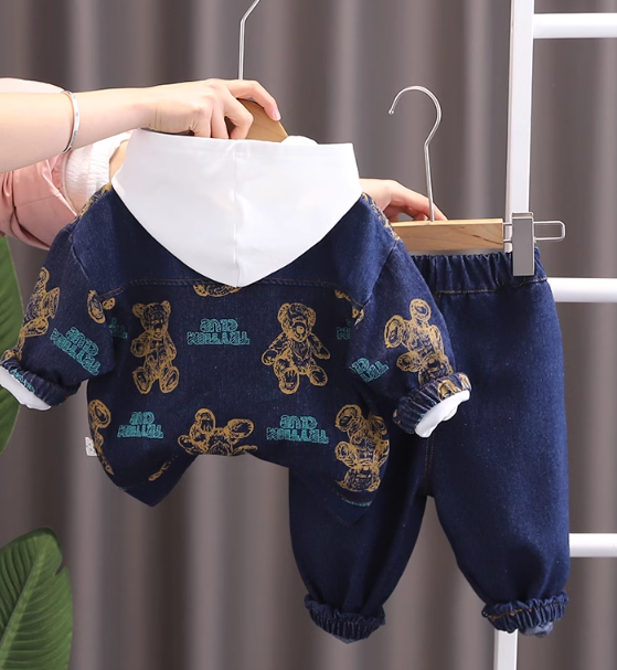 Kapşonlu 3 Parçalı Kot Çocuk Takım 1-5 Yaş