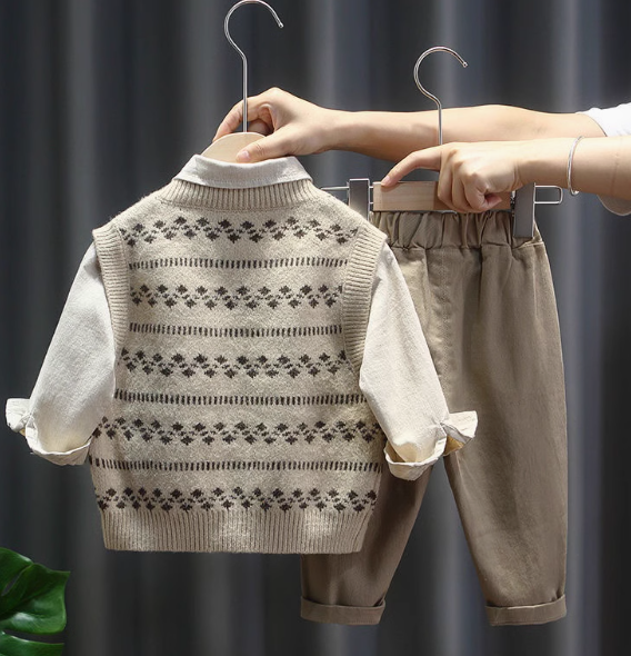 2-7 Yaş Erkek Çocuk Takım Kırık Beyaz 3 Parçalı Takım