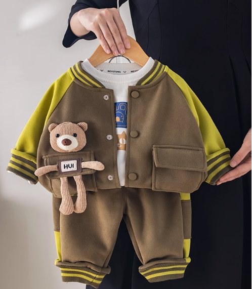 Koyu Renk Peluşlu 3 Parçalı Erkek Çocuk Takım 1-5 Yaş