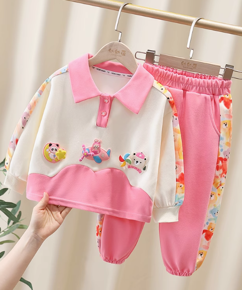 Lacos Yaka 3D Baskılı Pembeli Kız Çocuk Takım 2-7 Yaş