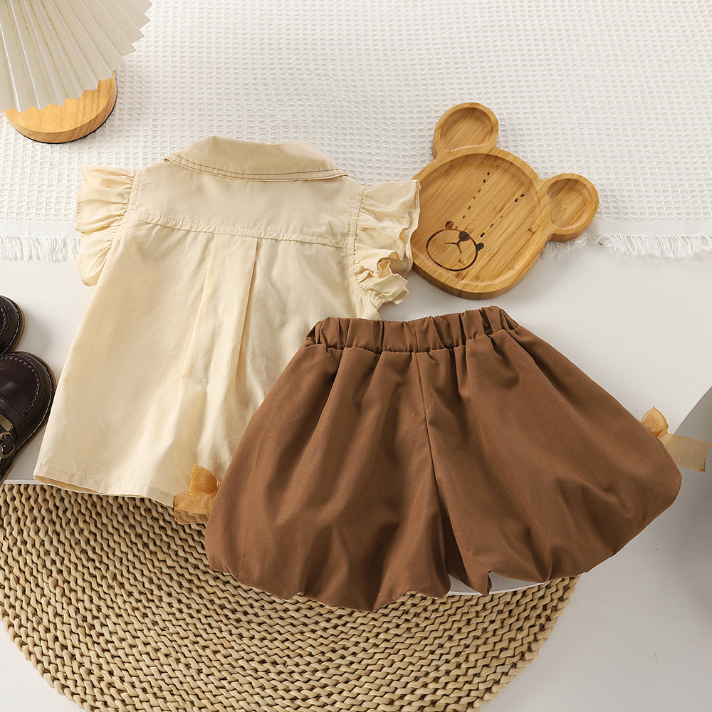 Kız Çocuk Fırfırlı Bluz Kahve Şort Takım 1-2 Yaş Outlet