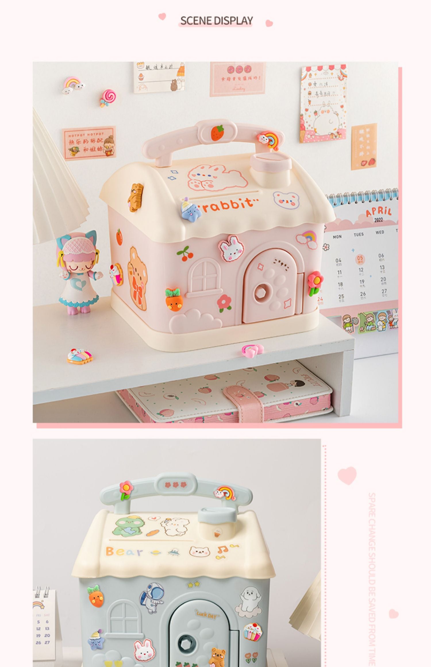 3D Sevimli Kumbara-Mavi ve Pembe Renk Seçenekleri