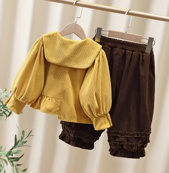 Sarı Kahverengi Kız Çocuk Kadife Takım 2-7 Yaş