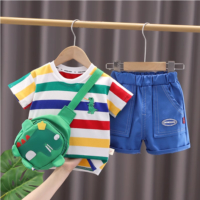 Mavi Şortlu Renkli Dino Takım – Çanta Hediyeli (1-5 Yaş)