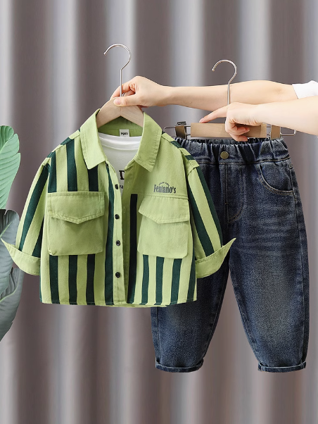 Çocuk 2'li Takım 5-6 Yaş Yeşil Çizgili Gömlek Kot Pantolon Outlet